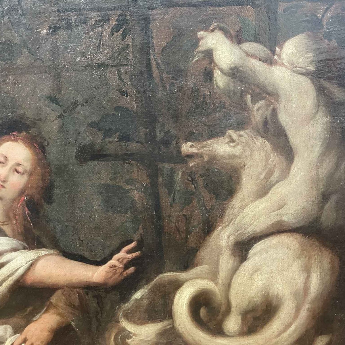 Dipinto Antico Ad Olio Su Tela Con Scena Biblica Con Personaggi E Architetture Del 1800-photo-2