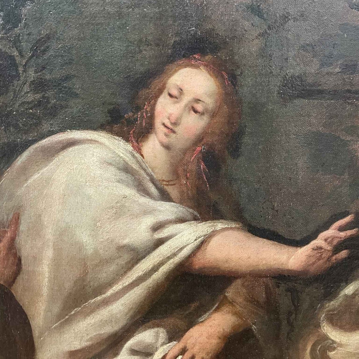 Dipinto Antico Ad Olio Su Tela Con Scena Biblica Con Personaggi E Architetture Del 1800-photo-1