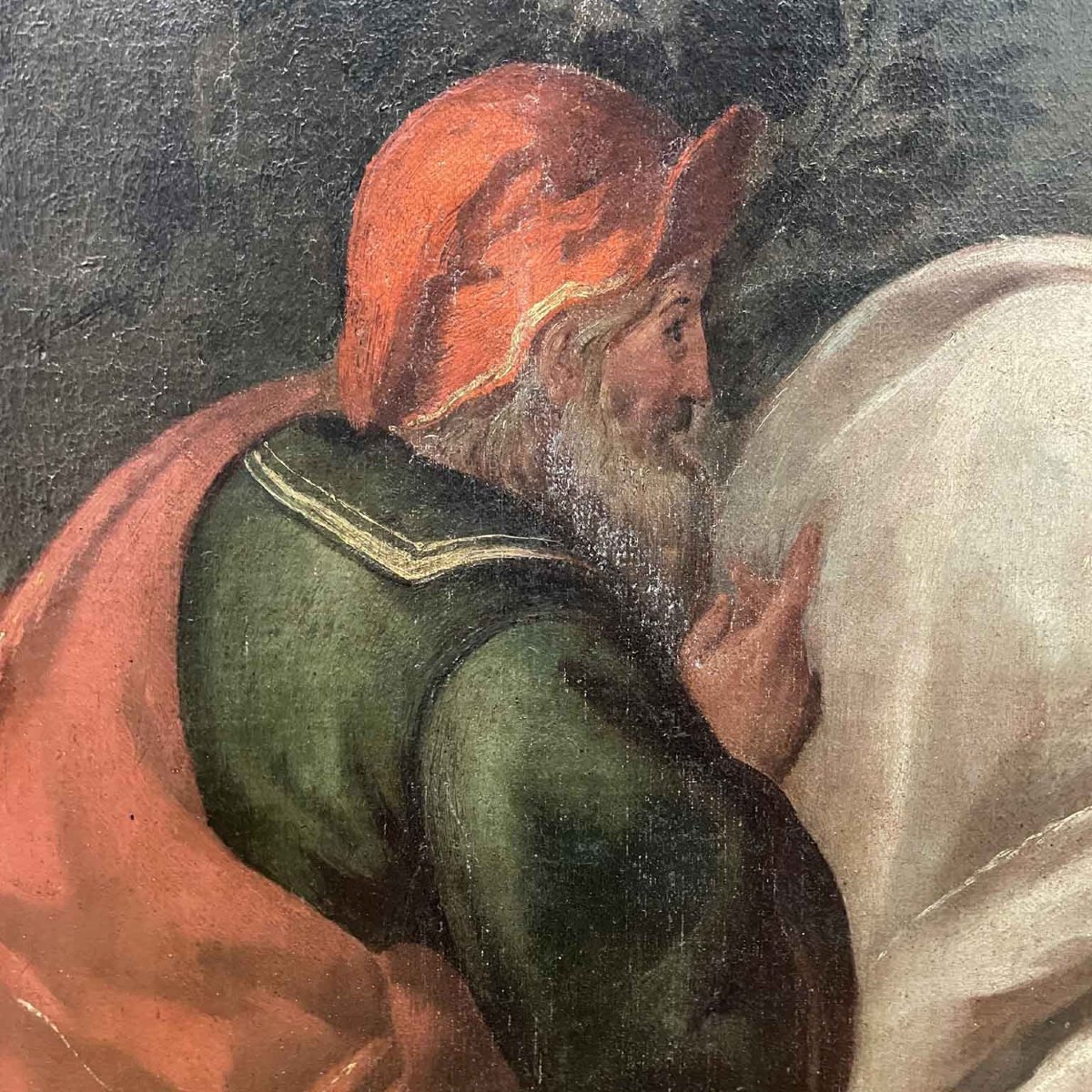 Dipinto Antico Ad Olio Su Tela Con Scena Biblica Con Personaggi E Architetture Del 1800-photo-2