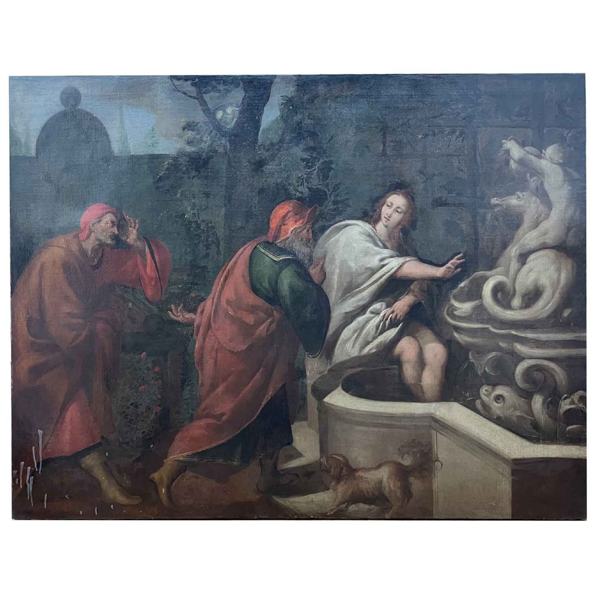 Dipinto Antico Ad Olio Su Tela Con Scena Biblica Con Personaggi E Architetture Del 1800