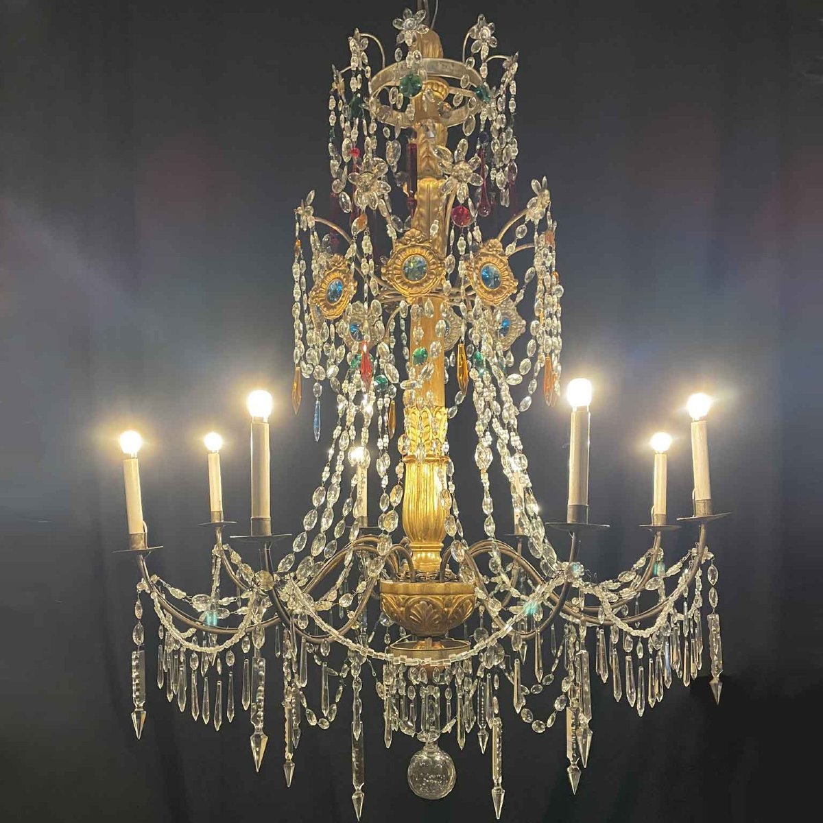Privato: Coppia di Antichi Lampadari Impero Genovesi 1780 in Cristallo e Legno Dorato-photo-2