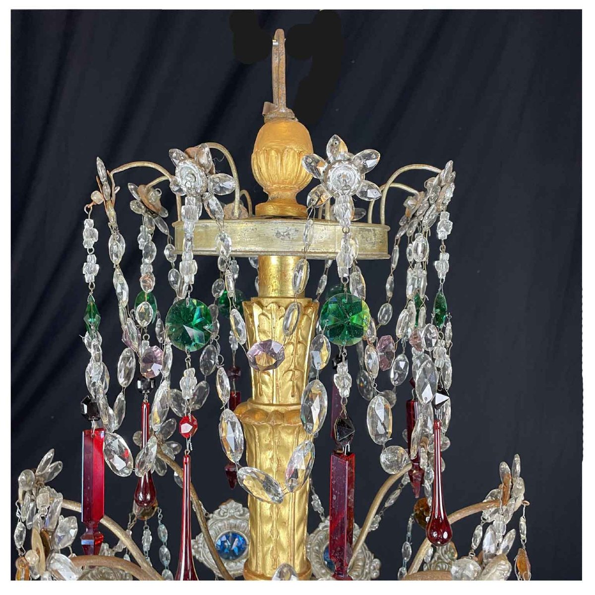 Privato: Coppia di Antichi Lampadari Impero Genovesi 1780 in Cristallo e Legno Dorato-photo-3