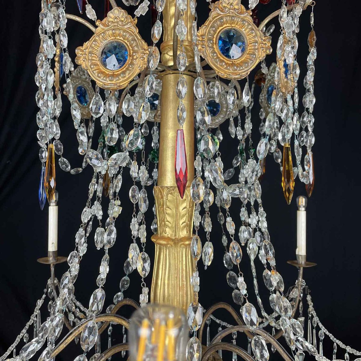Privato: Coppia di Antichi Lampadari Impero Genovesi 1780 in Cristallo e Legno Dorato-photo-4
