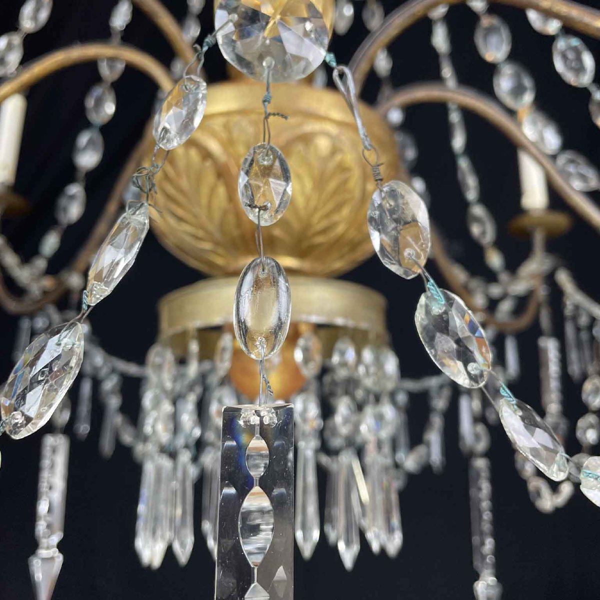 Privato: Coppia di Antichi Lampadari Impero Genovesi 1780 in Cristallo e Legno Dorato-photo-1