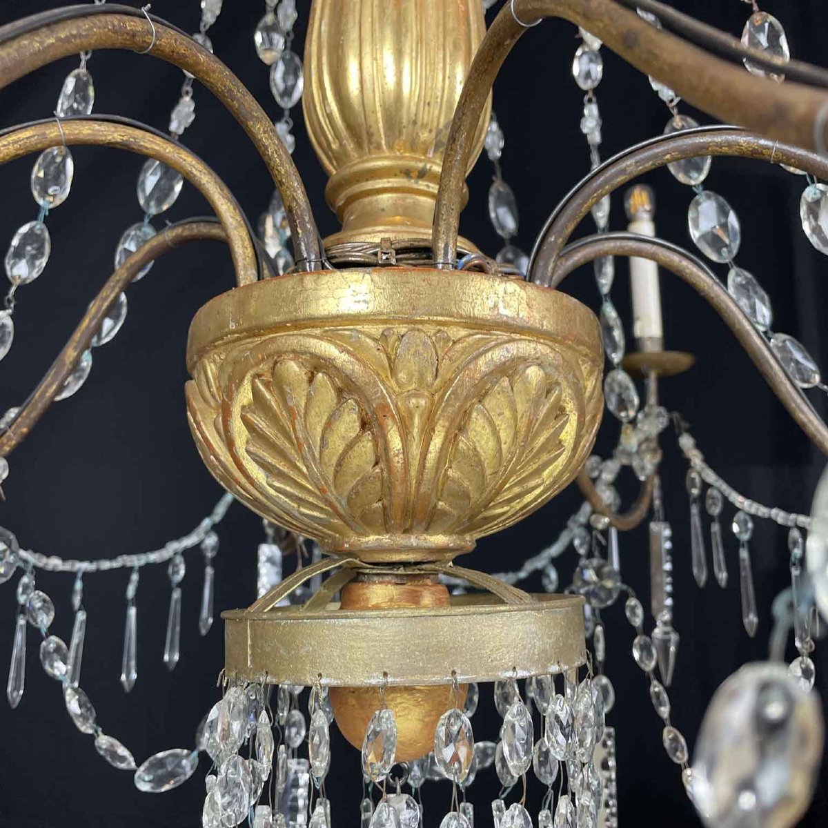 Privato: Coppia di Antichi Lampadari Impero Genovesi 1780 in Cristallo e Legno Dorato-photo-2