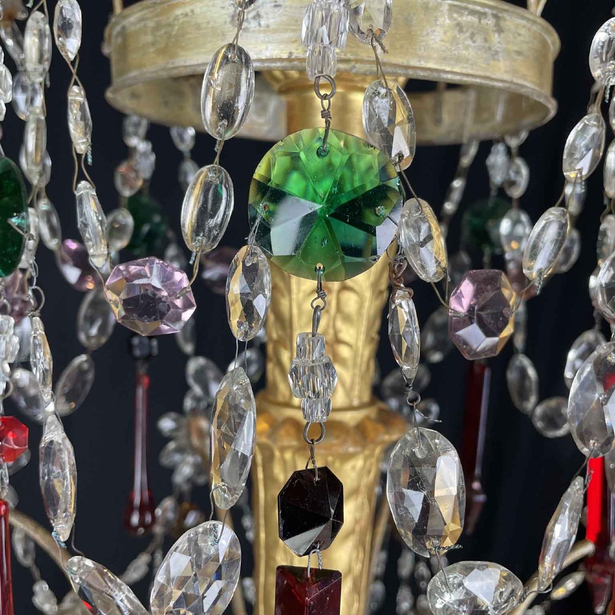 Privato: Coppia di Antichi Lampadari Impero Genovesi 1780 in Cristallo e Legno Dorato-photo-3