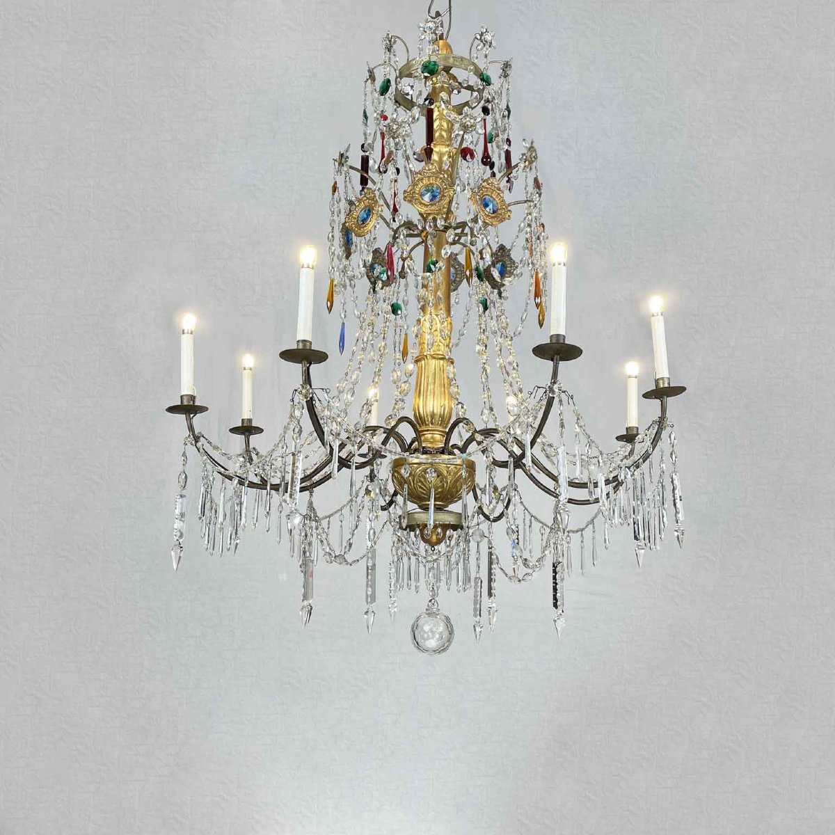 Privato: Coppia di Antichi Lampadari Impero Genovesi 1780 in Cristallo e Legno Dorato-photo-4