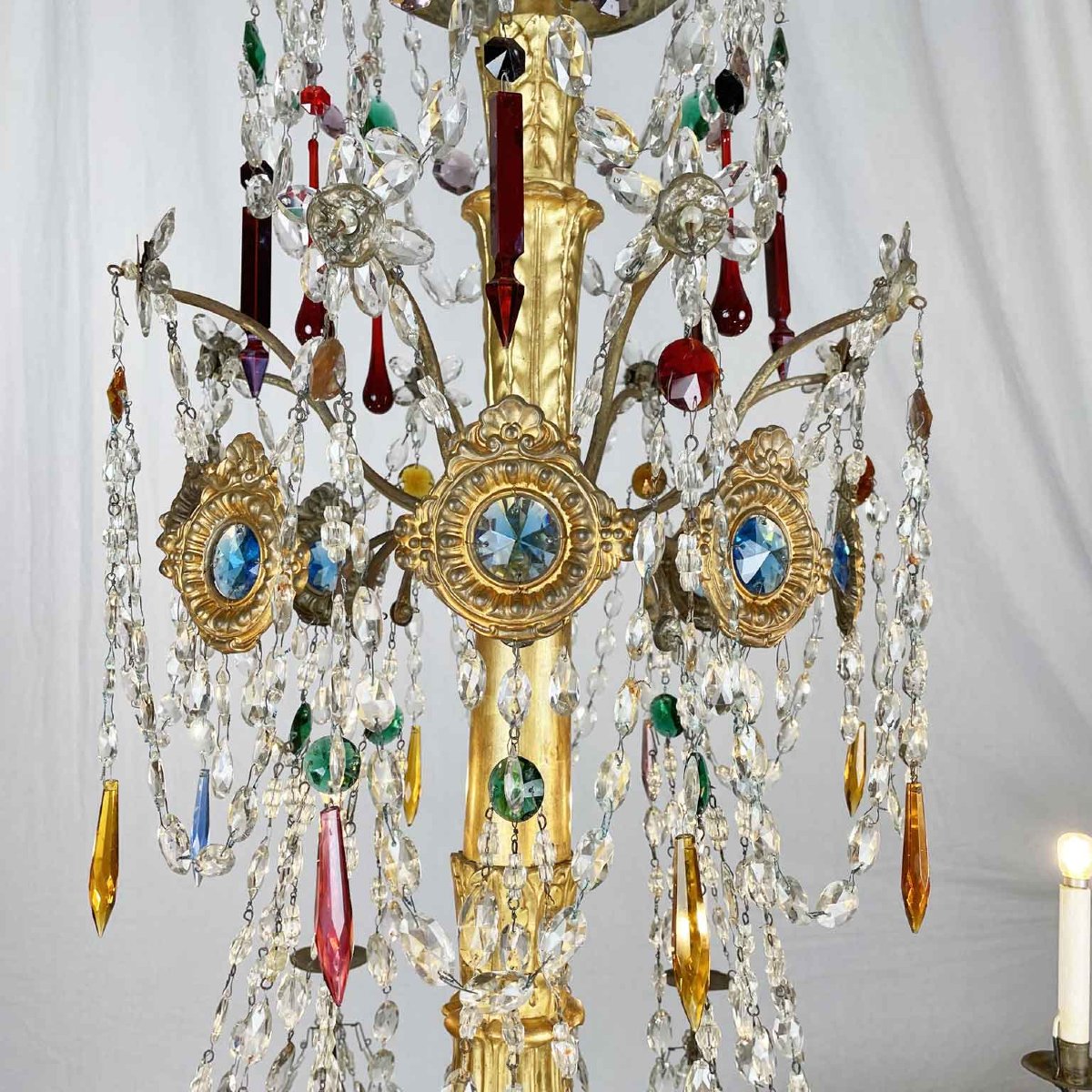 Privato: Coppia di Antichi Lampadari Impero Genovesi 1780 in Cristallo e Legno Dorato-photo-5