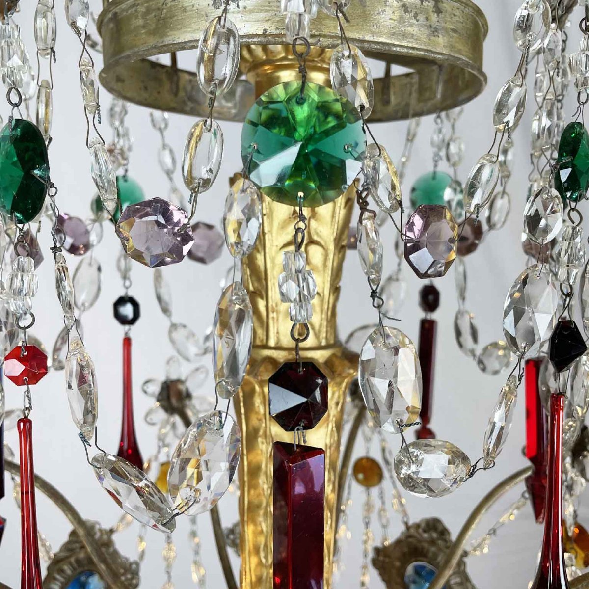 Privato: Coppia di Antichi Lampadari Impero Genovesi 1780 in Cristallo e Legno Dorato-photo-6