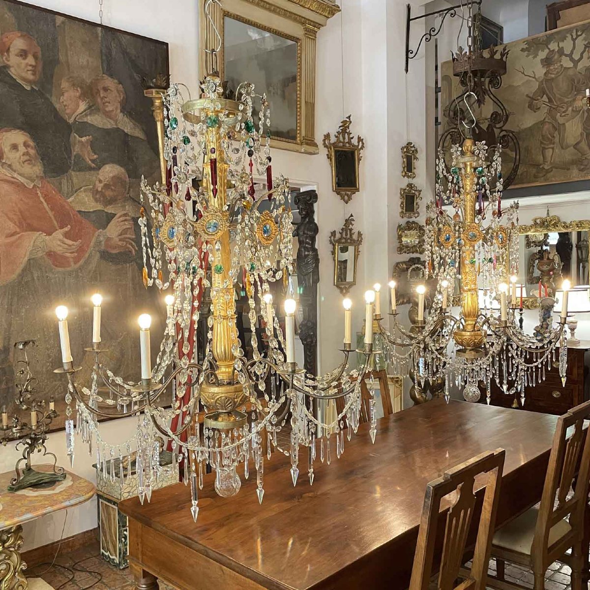 Privato: Coppia di Antichi Lampadari Impero Genovesi 1780 in Cristallo e Legno Dorato-photo-7