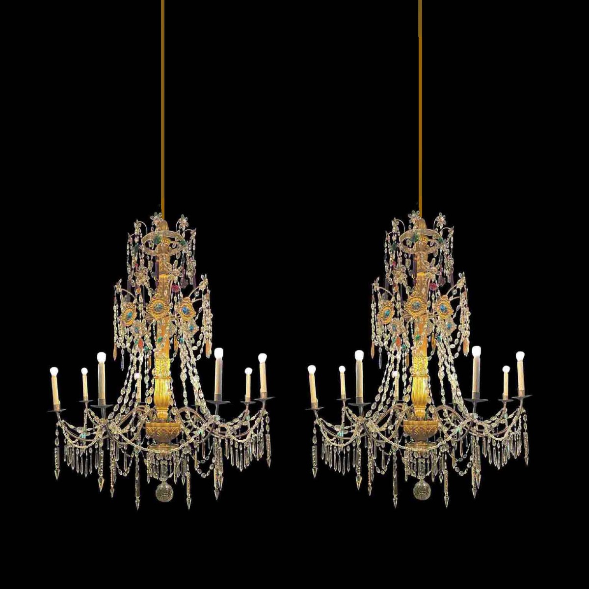 Privato: Coppia di Antichi Lampadari Impero Genovesi 1780 in Cristallo e Legno Dorato