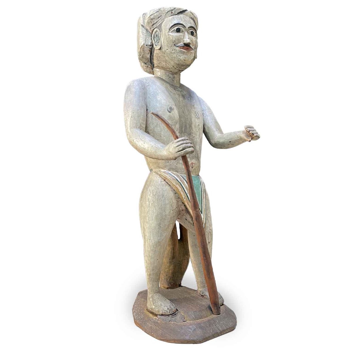 Scultura Maschile Birmana In Legno Dipinto Mandalay Fine 1800-photo-2