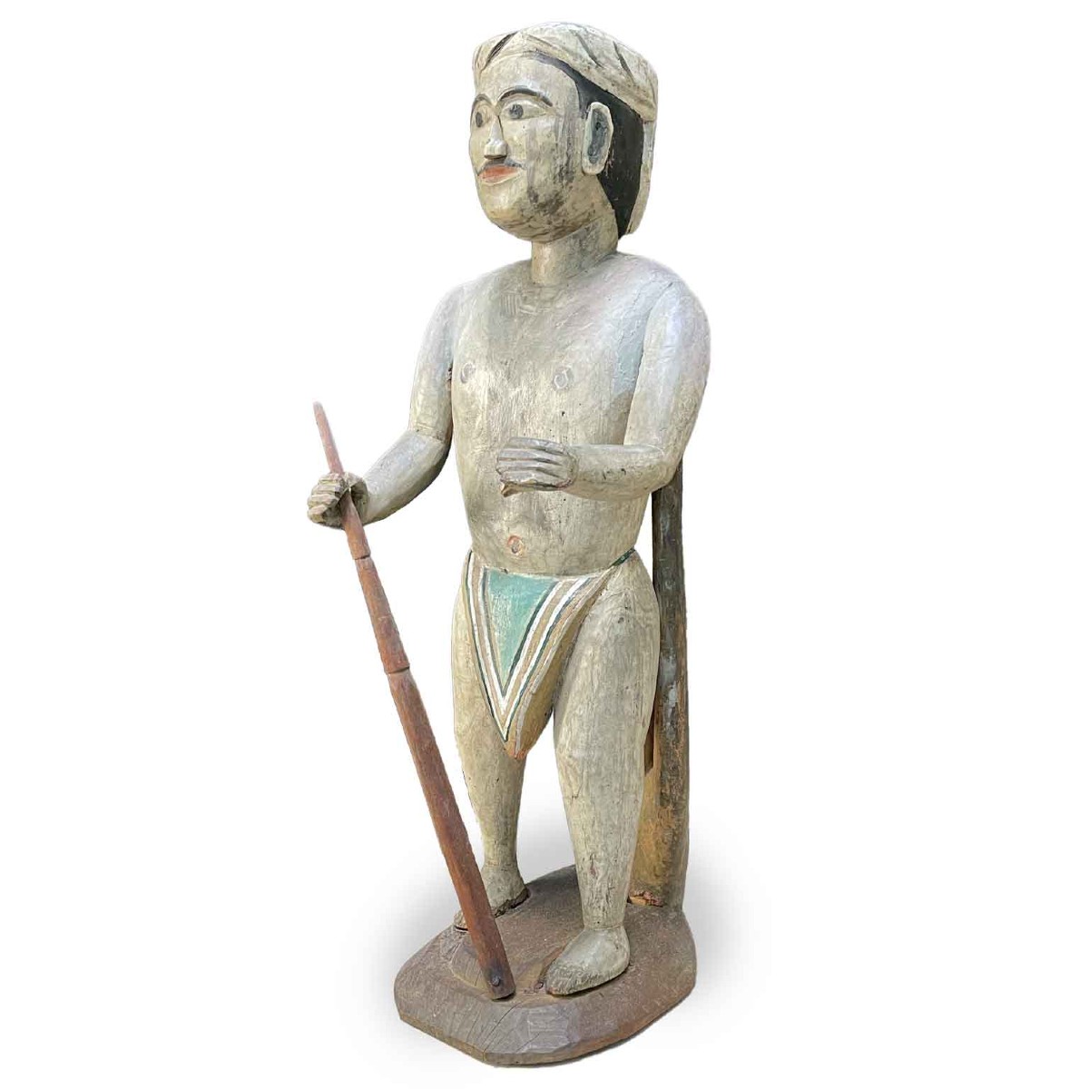 Scultura Maschile Birmana In Legno Dipinto Mandalay Fine 1800