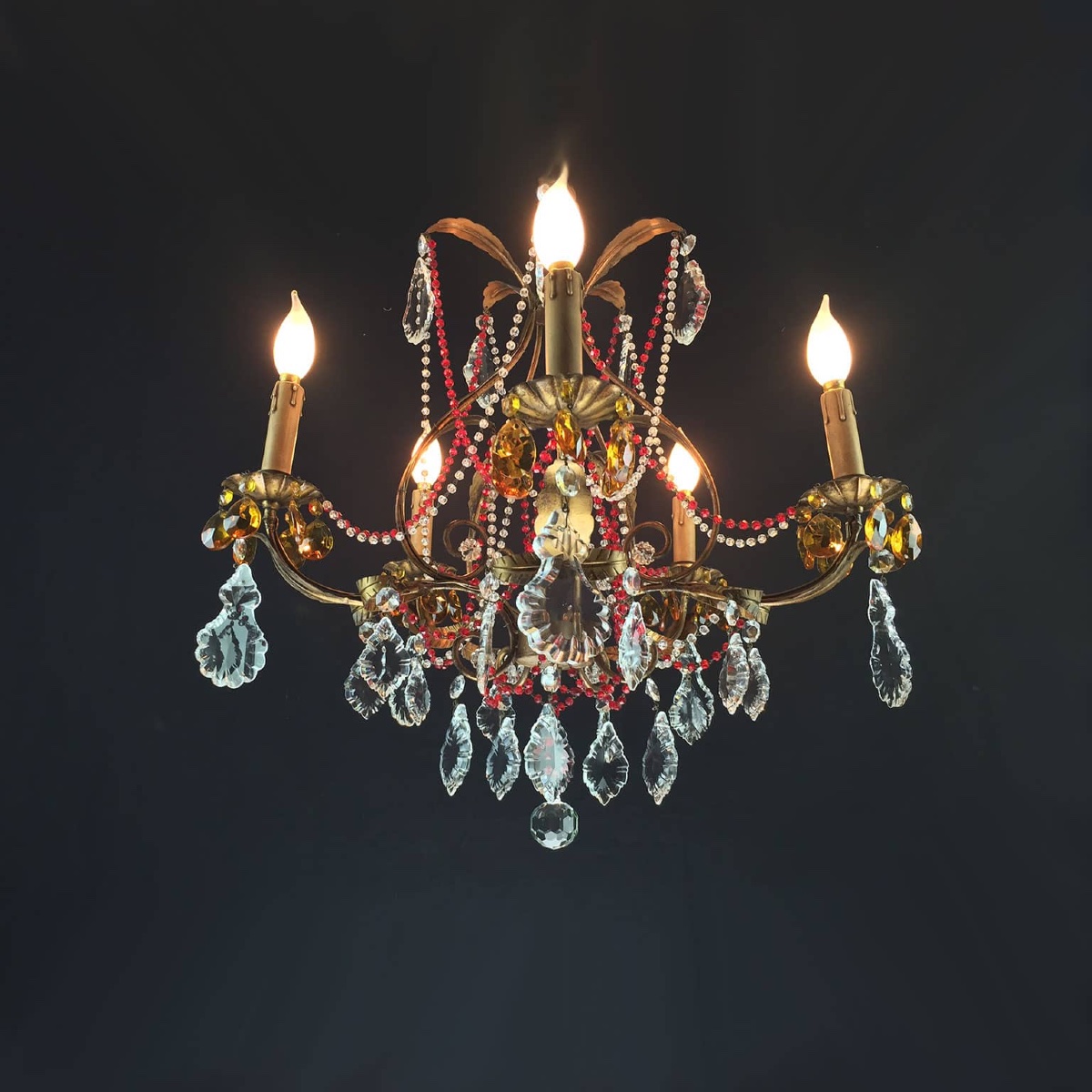 Lampadario Antico Con Cristalli Rossi-photo-2