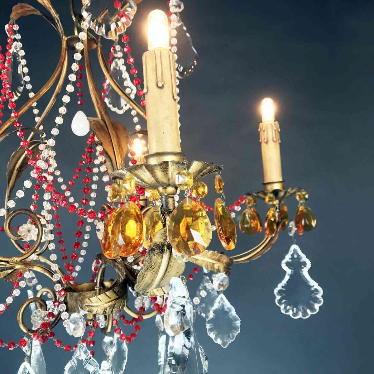 Lampadario Antico Con Cristalli Rossi-photo-7