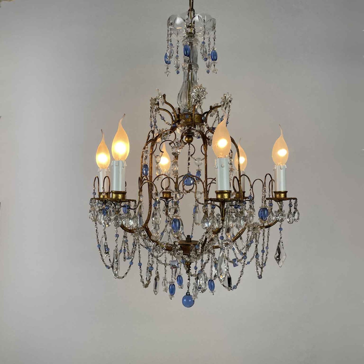 Lampadario A Gabbia In Ferro Dorato E Cristalli Celesti 1950-photo-3