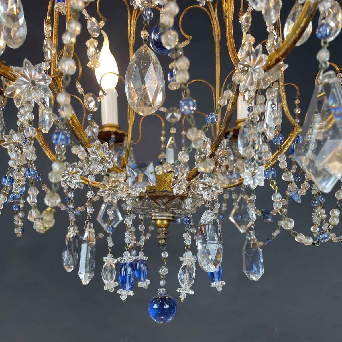 Lampadario A Gabbia In Ferro Dorato E Cristalli Celesti 1950-photo-4