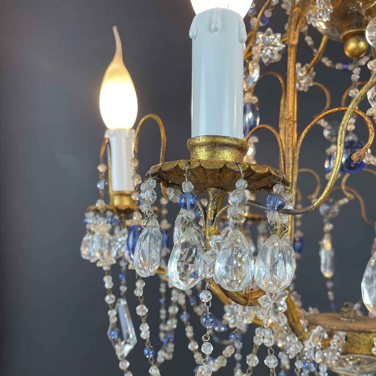 Lampadario A Gabbia In Ferro Dorato E Cristalli Celesti 1950-photo-4