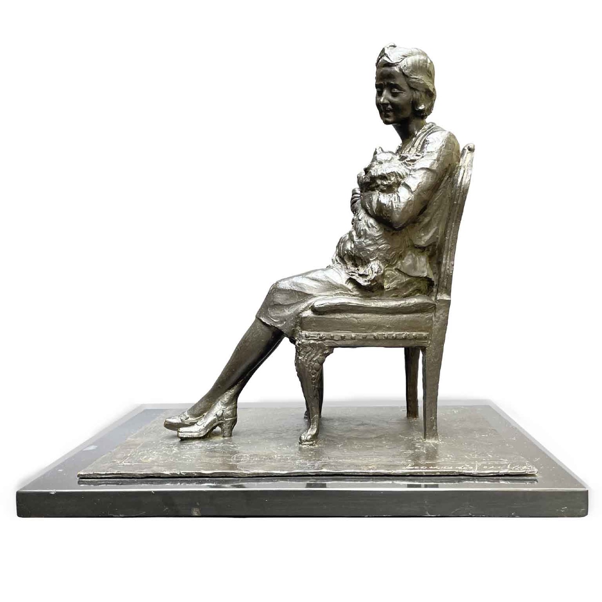 Leonardo Secchi Signora Seduta Con Cane 1942 Scultura in Bronzo