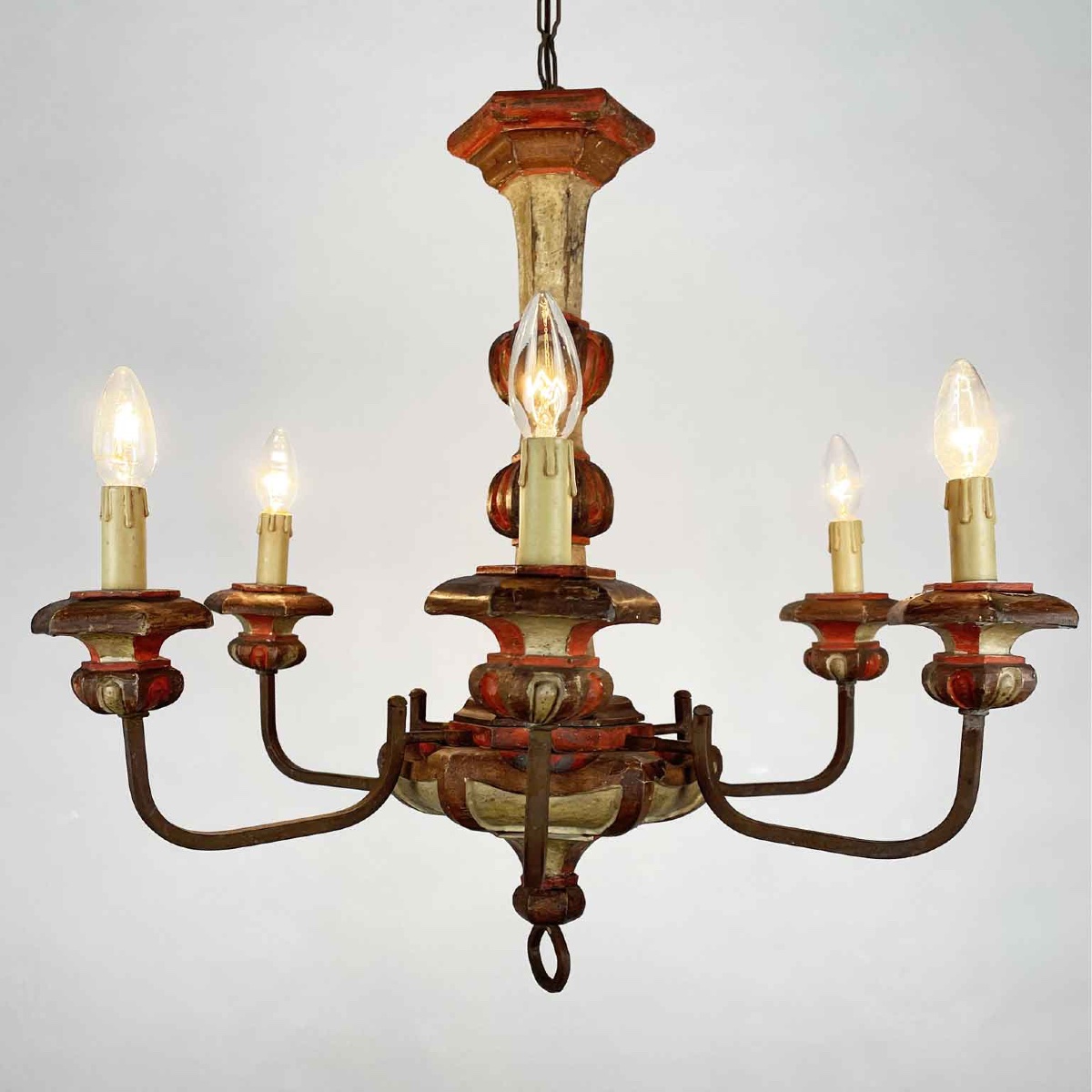 Lampadario In Legno Laccato  Rosso e Avorio a Sei Luci -photo-3