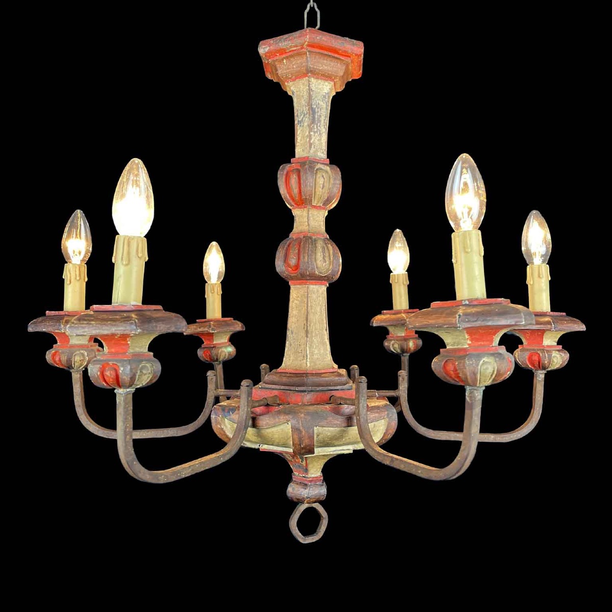Lampadario In Legno Laccato  Rosso e Avorio a Sei Luci -photo-4