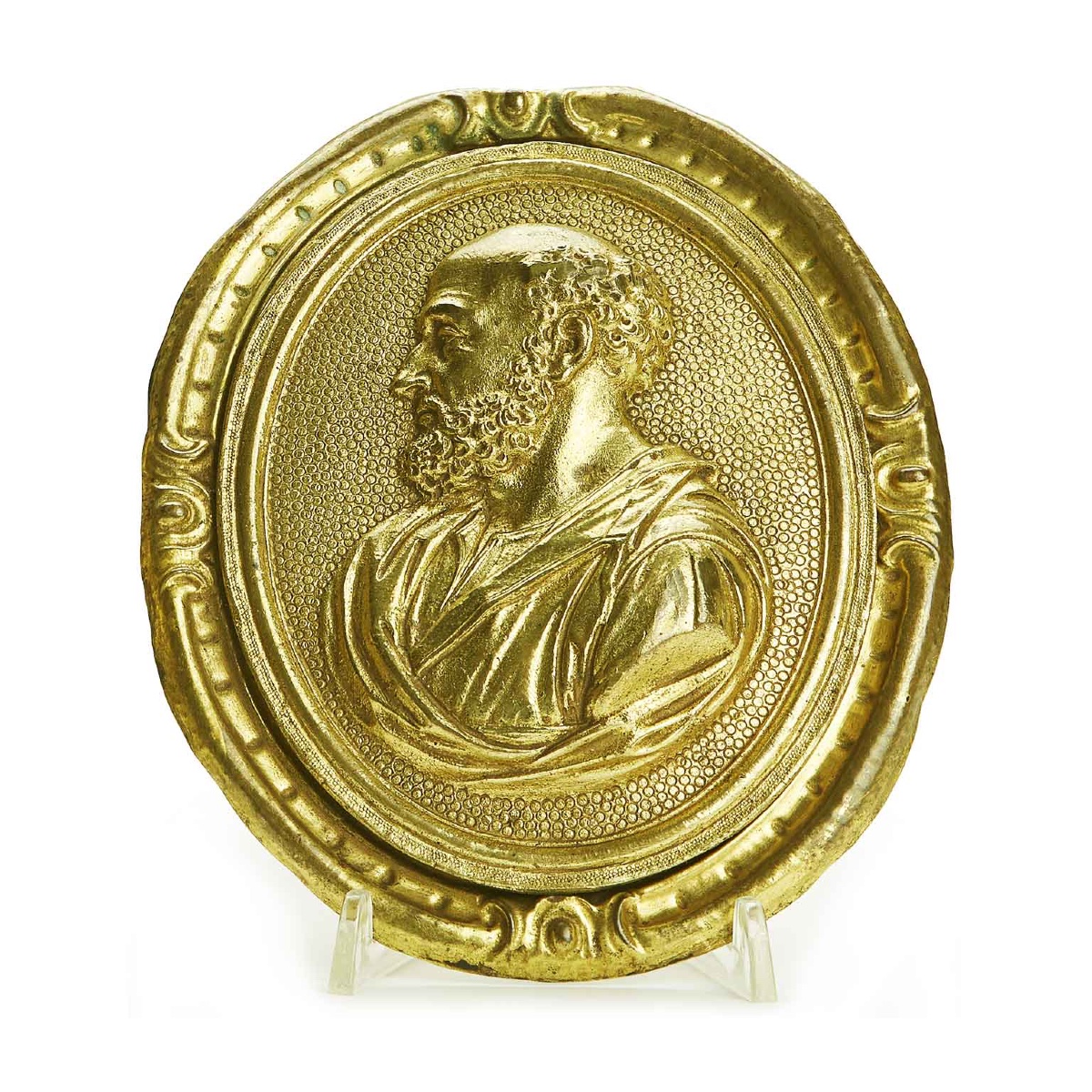 Coppia di Placche in Bronzo Dorato con Profili di Santi-photo-4