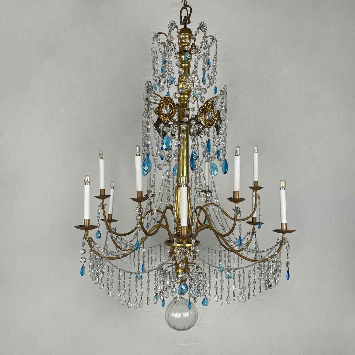 Lampadario Genovese Italiano Impero 1780 in Legno Dorato e Cristallo Dodici Luci-photo-3