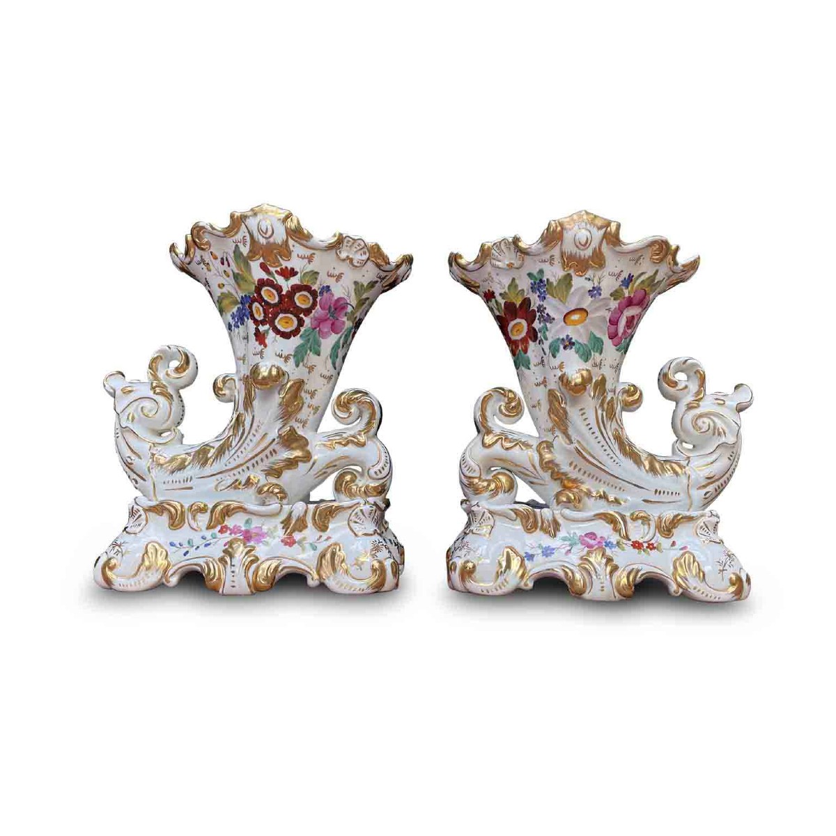 Coppia di Vasi a Cornucopia in Porcellana Francese Fine 1800