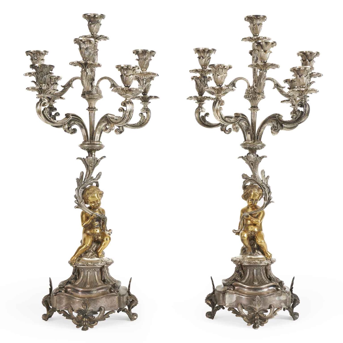 Coppia Di Candelabri In Bronzo Argentato Con Putti Dorati A Otto Bracci 1850 circa