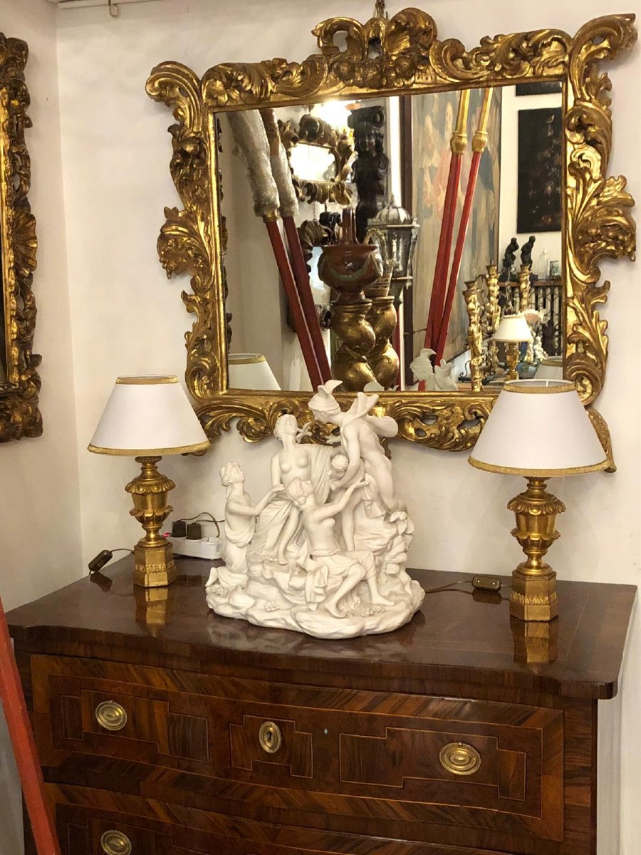  Coppia di Lampade Impero Italiane Dorate XIX Secolo in Legno Intagliato-photo-4