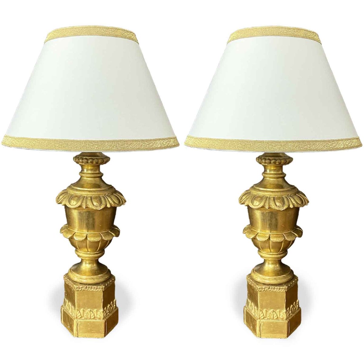  Coppia di Lampade Impero Italiane Dorate XIX Secolo in Legno Intagliato-photo-5