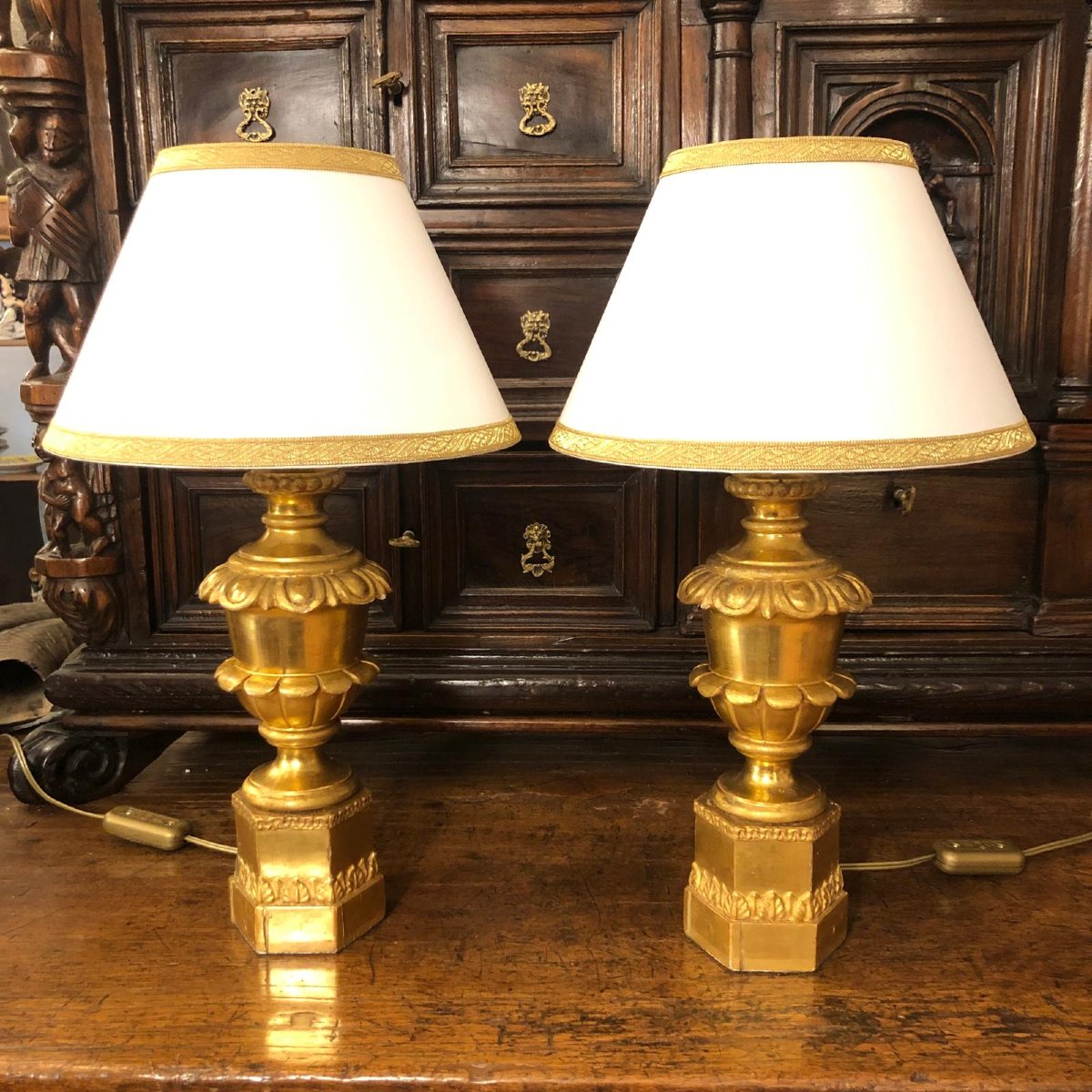  Coppia di Lampade Impero Italiane Dorate XIX Secolo in Legno Intagliato-photo-6