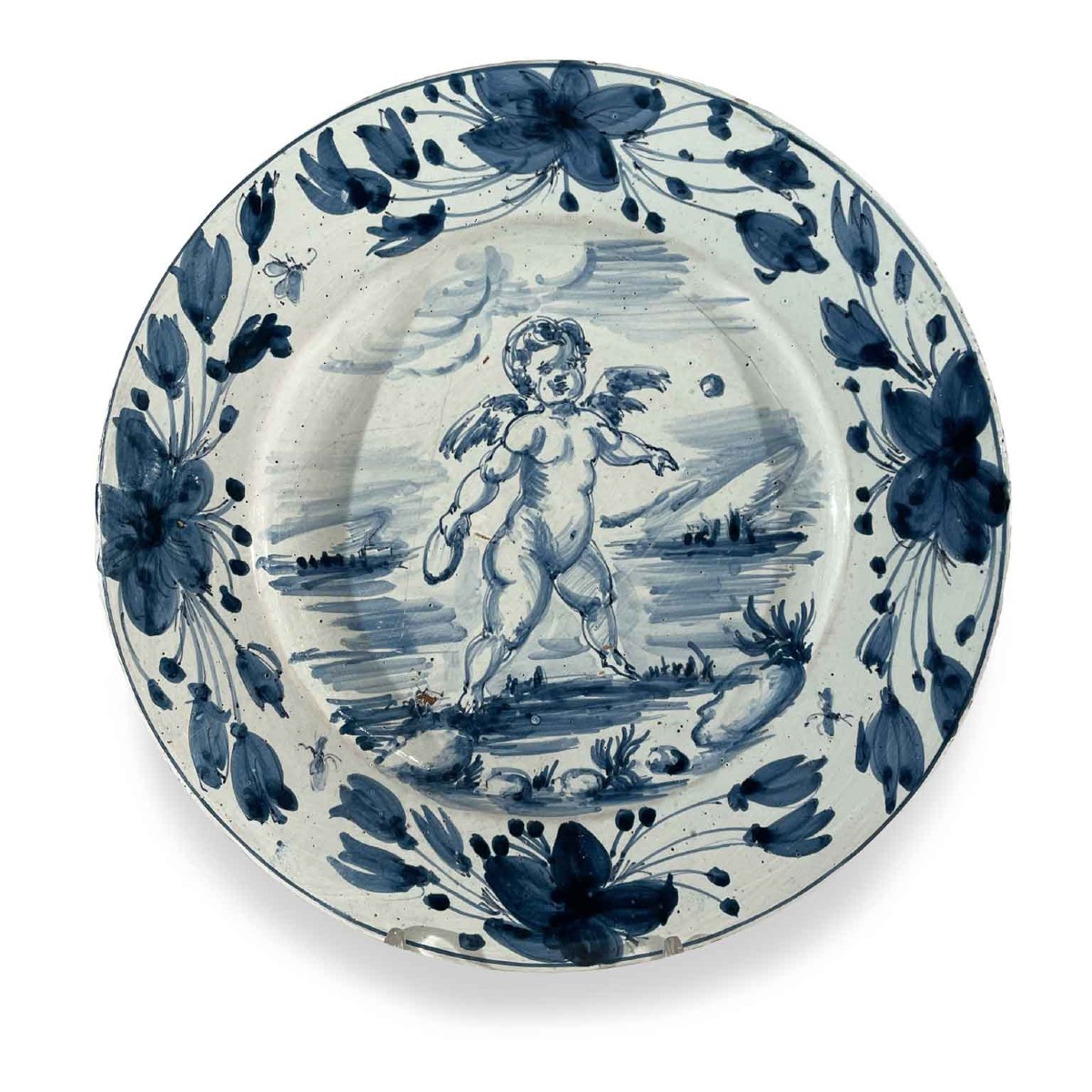 Piatto Piano Con Angioletto Decoro Bianco E Blu