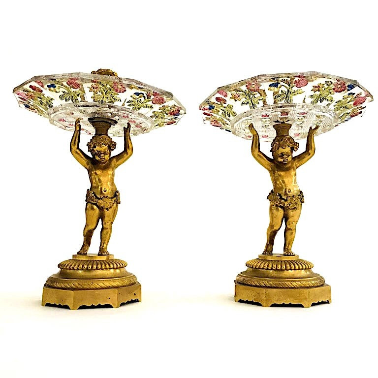 Coppia di Alzate in Bronzo Dorato e Cristallo Molato e Colorato Austria Seconda Metà 1800