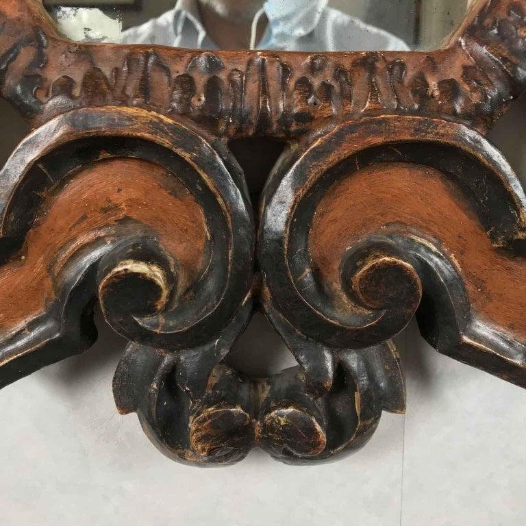   Specchio Fiorentino Intagliato e Decorato in Rosso Bolo e Argento Ossidato 1970s-photo-3