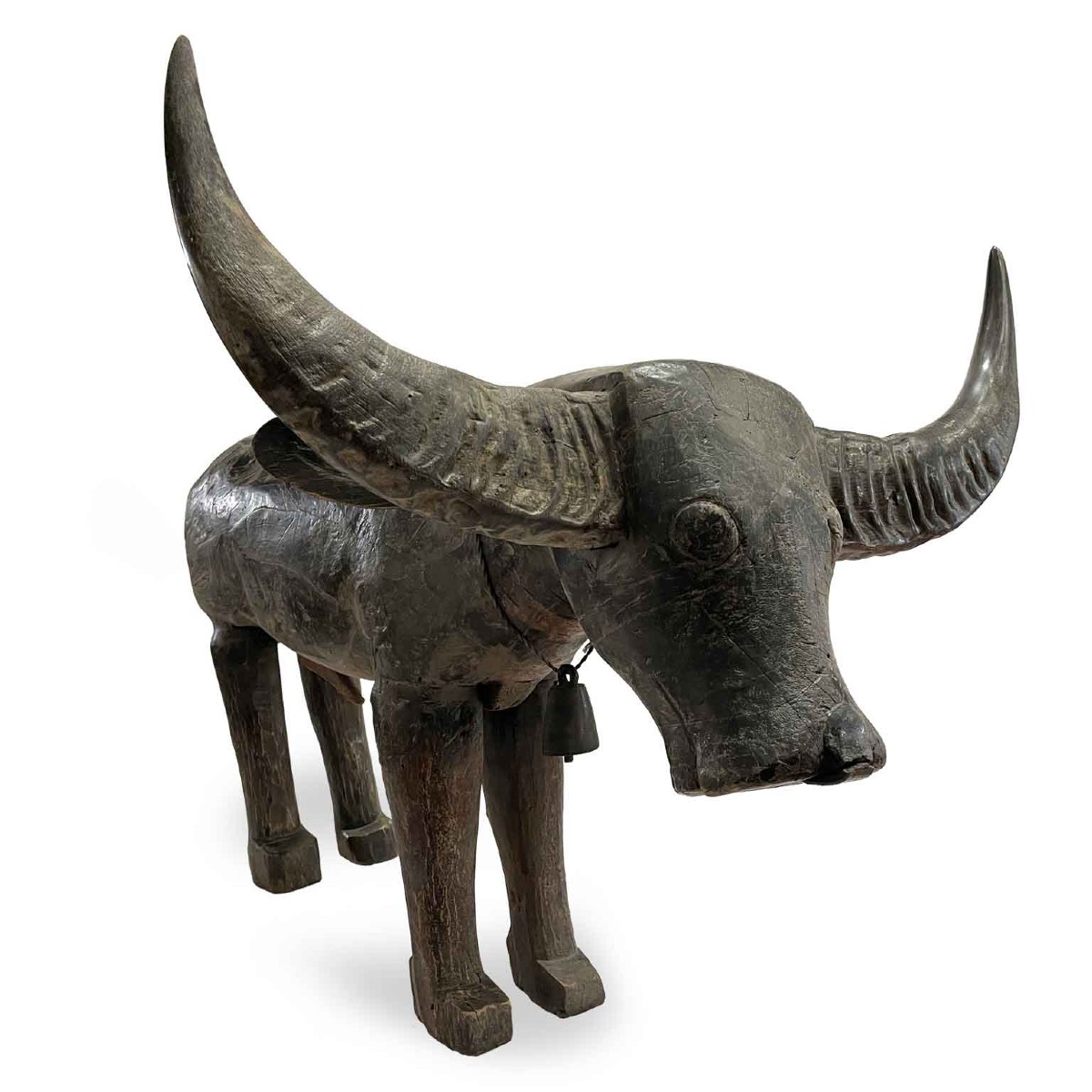 Bufalo D Acqua Scultura Orientale In Legno Con Corna 1800-photo-4