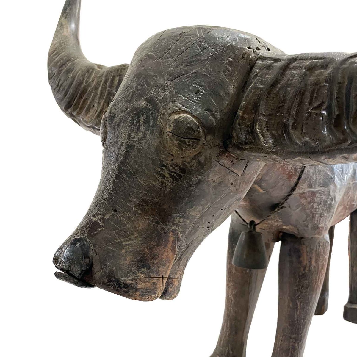 Bufalo D Acqua Scultura Orientale In Legno Con Corna 1800-photo-3
