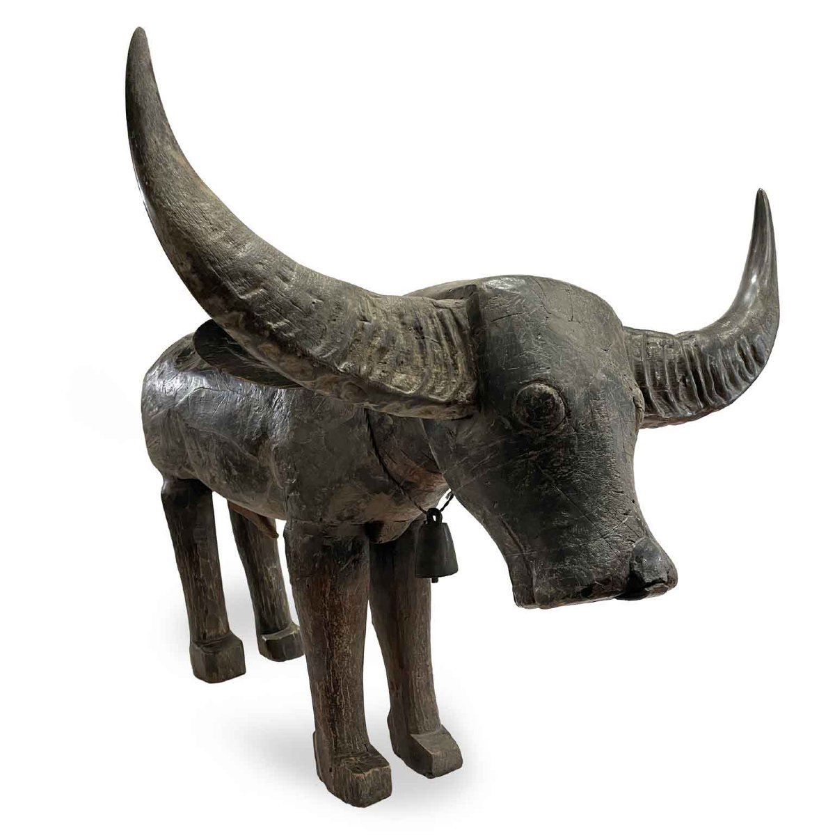 Bufalo D Acqua Scultura Orientale In Legno Con Corna 1800-photo-7