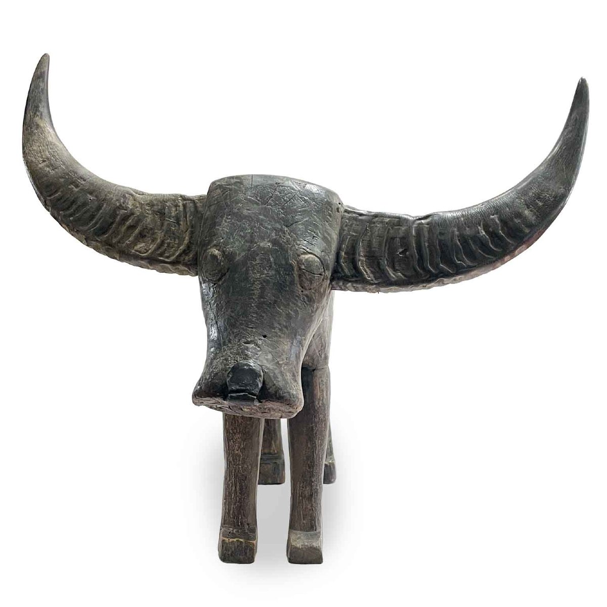Bufalo D Acqua Scultura Orientale In Legno Con Corna 1800-photo-3