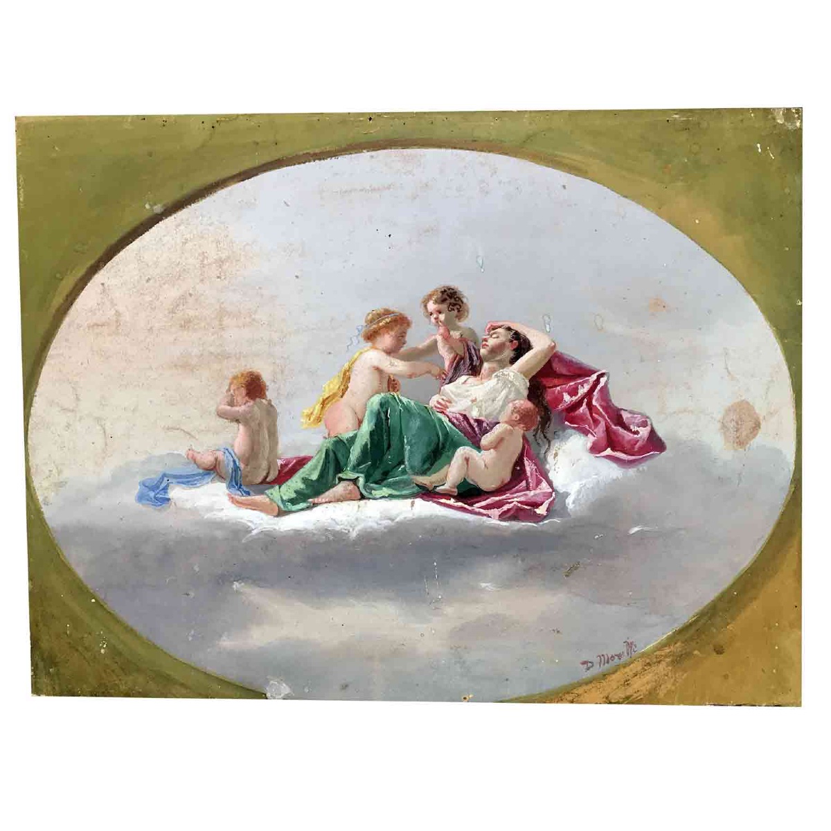 Estasi con Amorini Gouache Romantica Italiana XIX Secolo Donna con Putti-photo-2