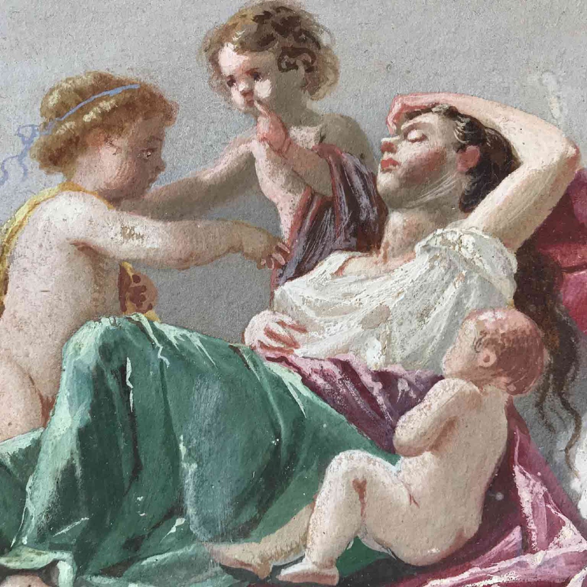 Estasi con Amorini Gouache Romantica Italiana XIX Secolo Donna con Putti-photo-3