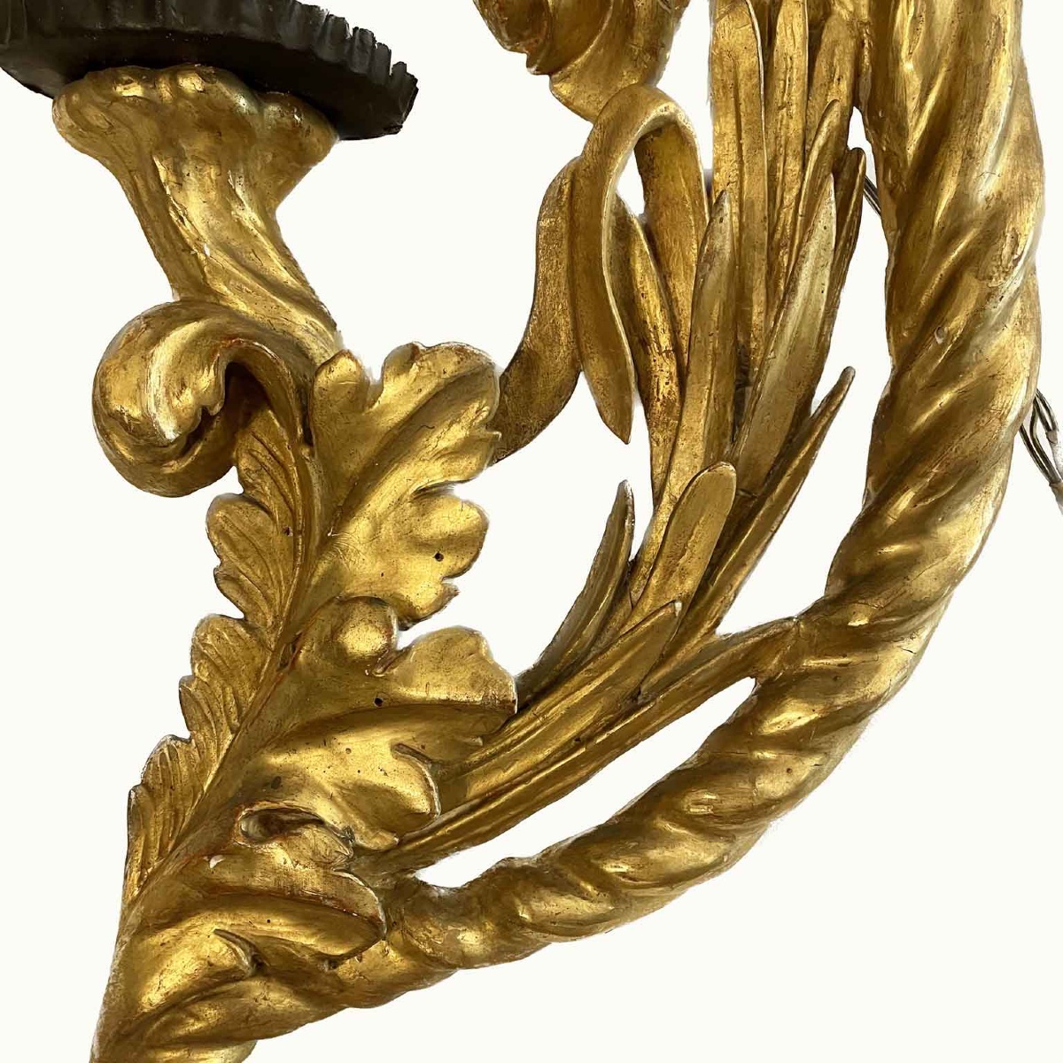 Coppia di Appliques 1700 Legno Dorato e Intaglio Floreale Cornucopia-photo-4