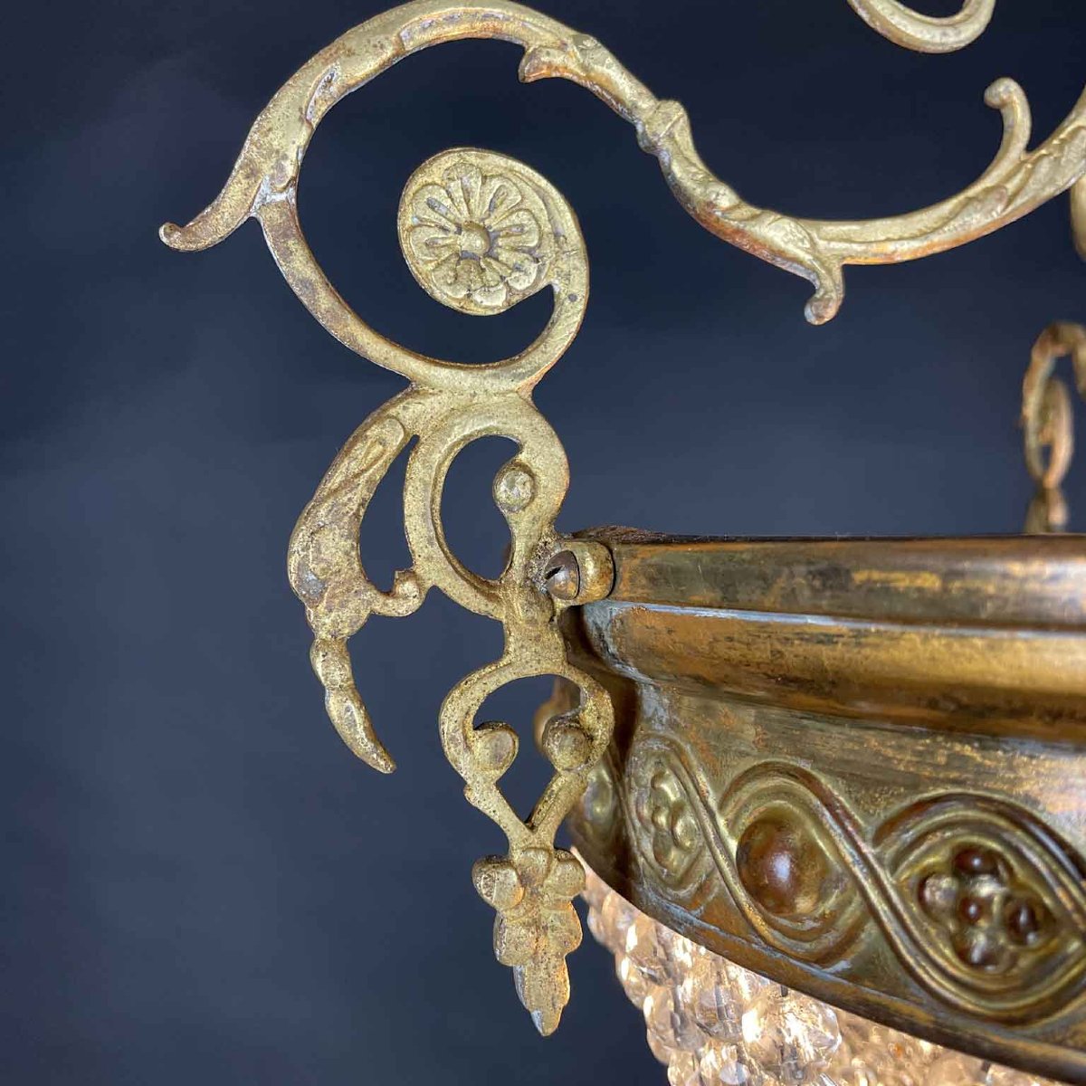 Lampadario Francese Da Ingresso In Ottone E Cristallo-photo-4