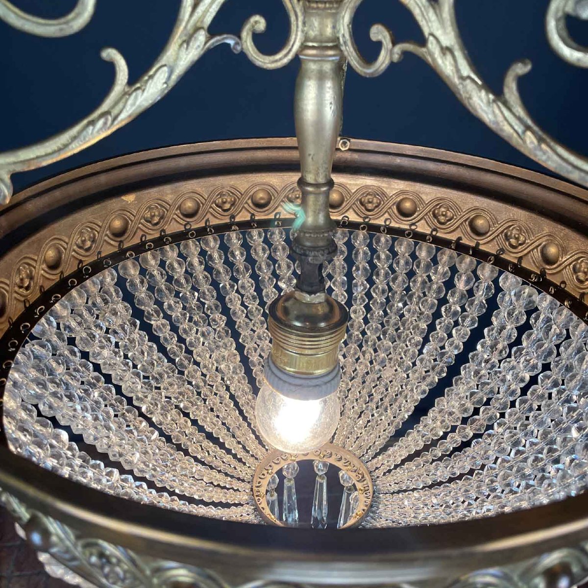 Lampadario Francese Da Ingresso In Ottone E Cristallo-photo-5