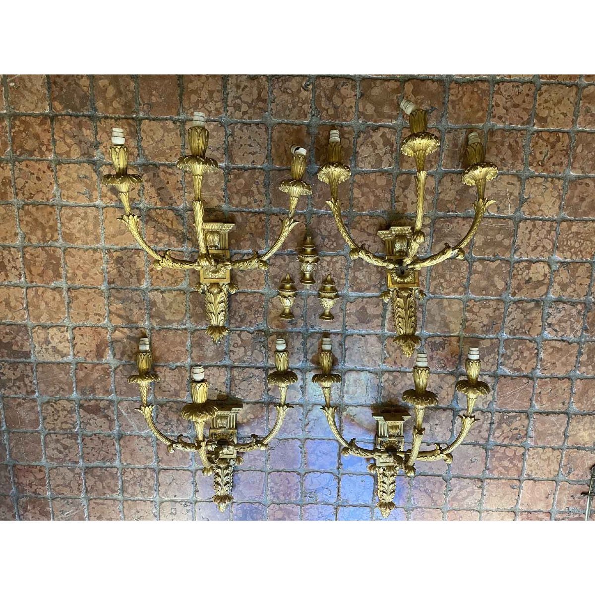 Quattro Appliques In Legno Finemente Intagliato E Dorato In Oro Zecchino Fine 1800-photo-6