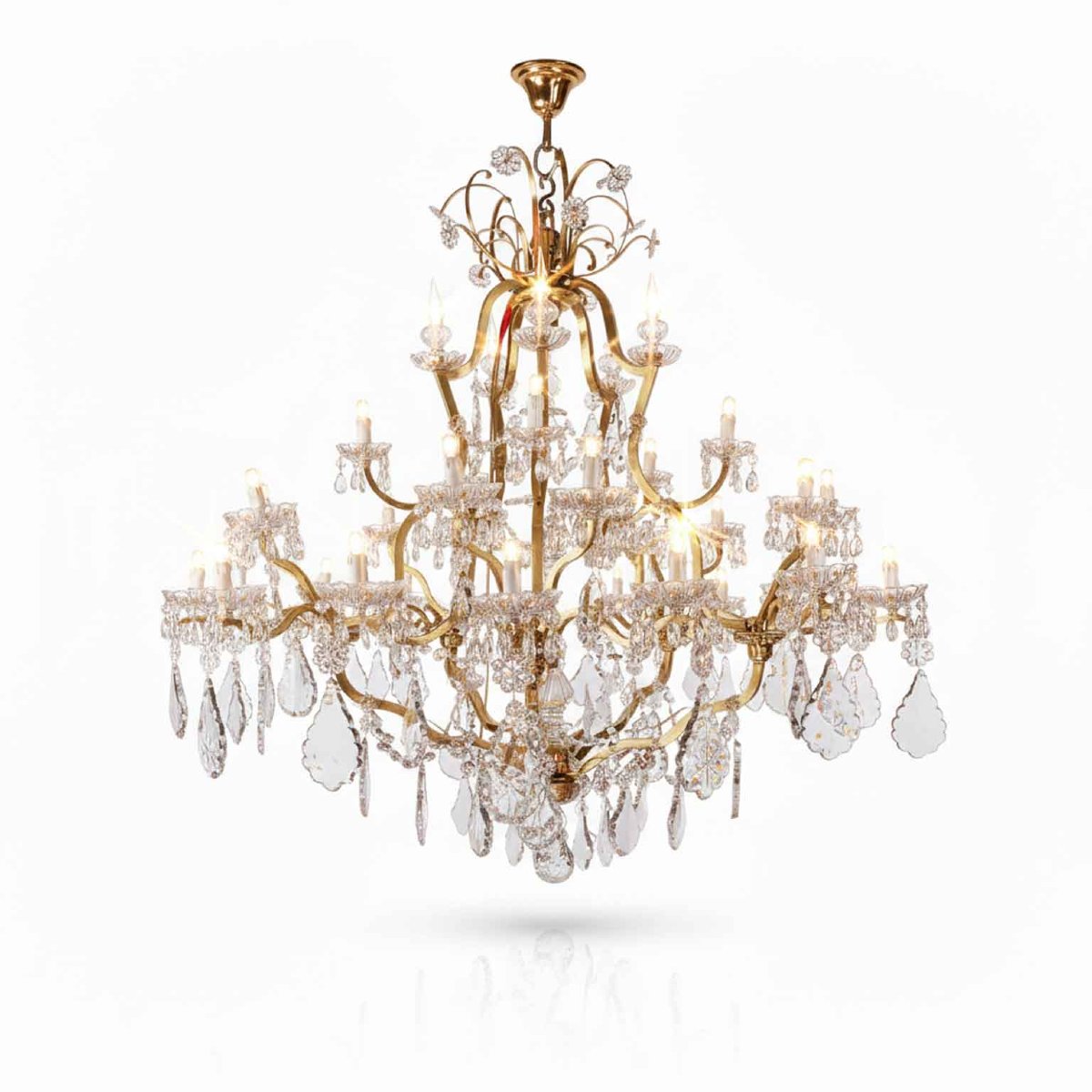 Grande Lampadario In Ottone E Cristallo A 31 Luci Restaurato 1950 Circa-photo-1