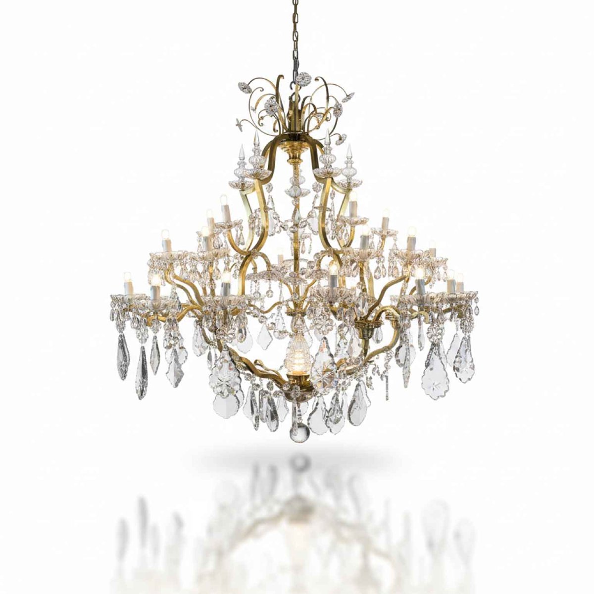 Grande Lampadario In Ottone E Cristallo A 31 Luci Restaurato 1950 Circa-photo-2