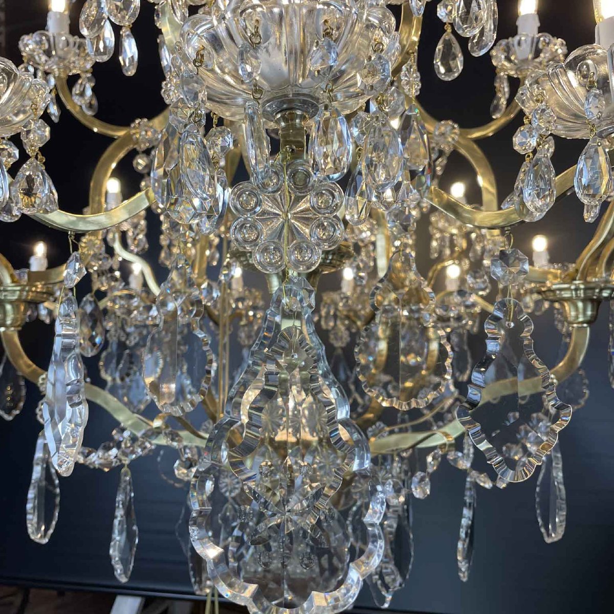 Grande Lampadario In Ottone E Cristallo A 31 Luci Restaurato 1950 Circa-photo-3