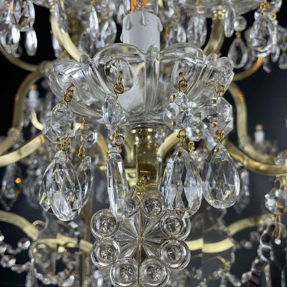 Grande Lampadario In Ottone E Cristallo A 31 Luci Restaurato 1950 Circa-photo-4