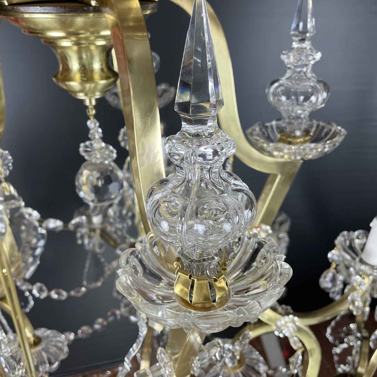 Grande Lampadario In Ottone E Cristallo A 31 Luci Restaurato 1950 Circa-photo-5